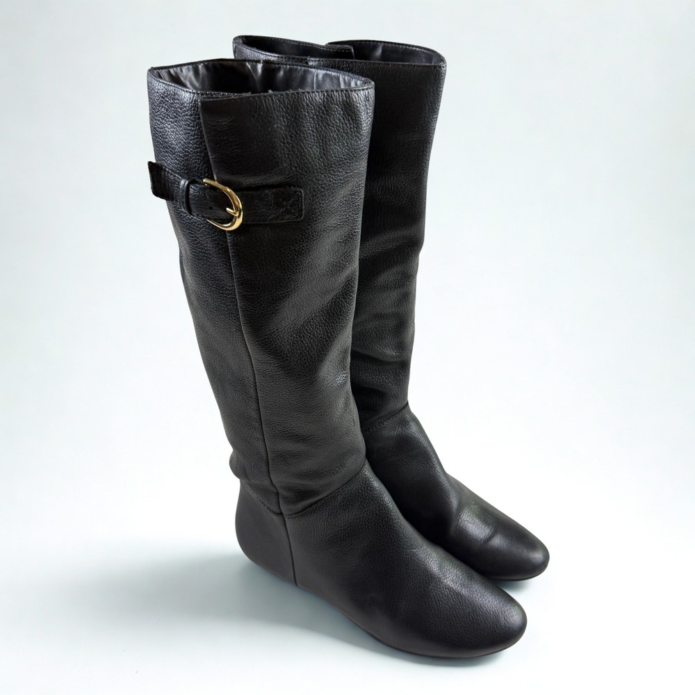Steven by Steve Madden Intyce Boots Womens 9 Black Leather Wedge Gold Buckle